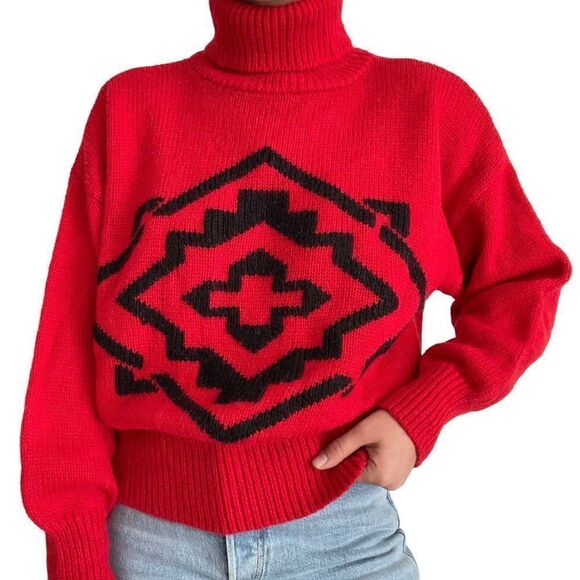 Vintage 80s Boundary Waters Red Wool Blend Geometric Retro Turtleneck Sweater - Picture 5 of 8